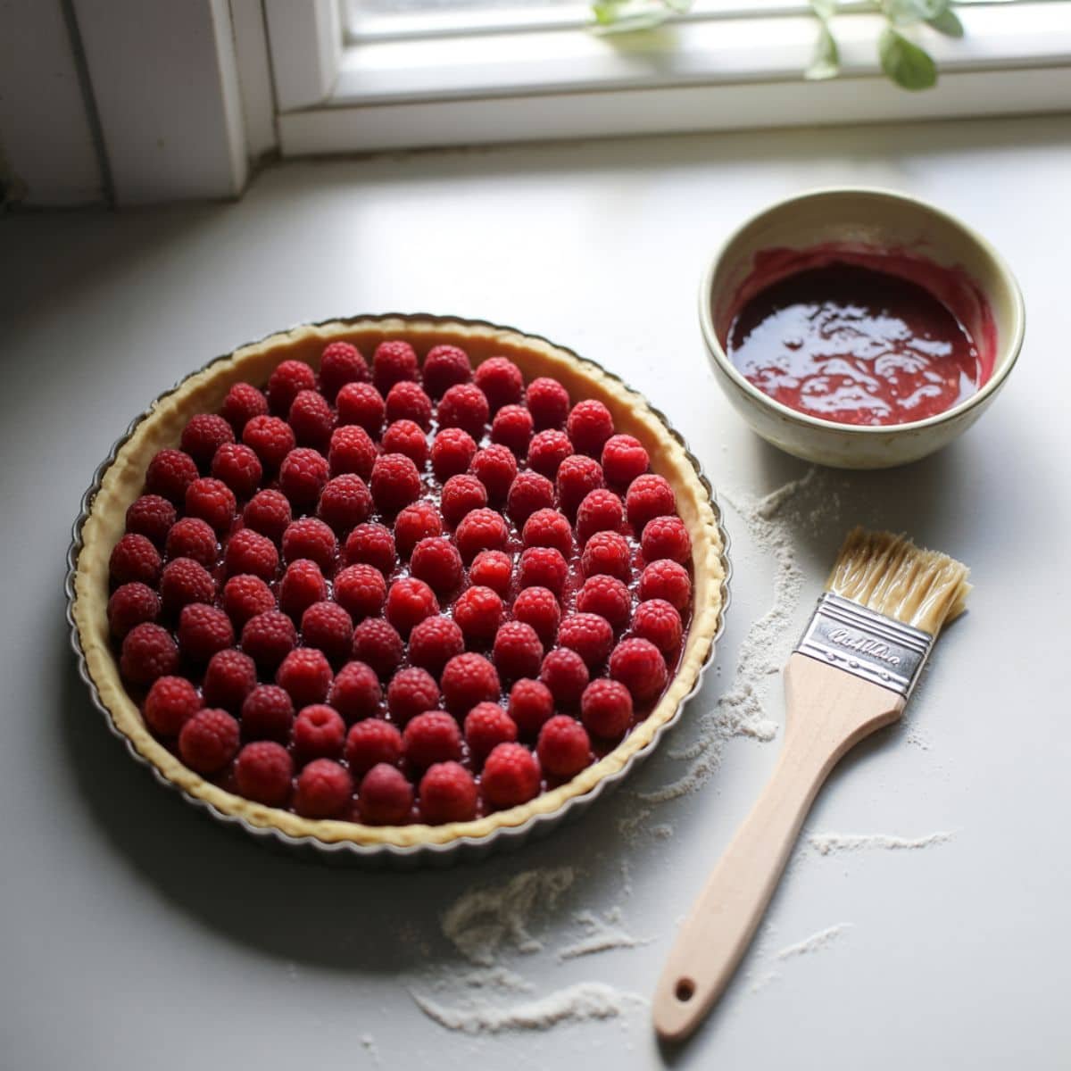 Raspberries being arranged on baked tart crust before baking	