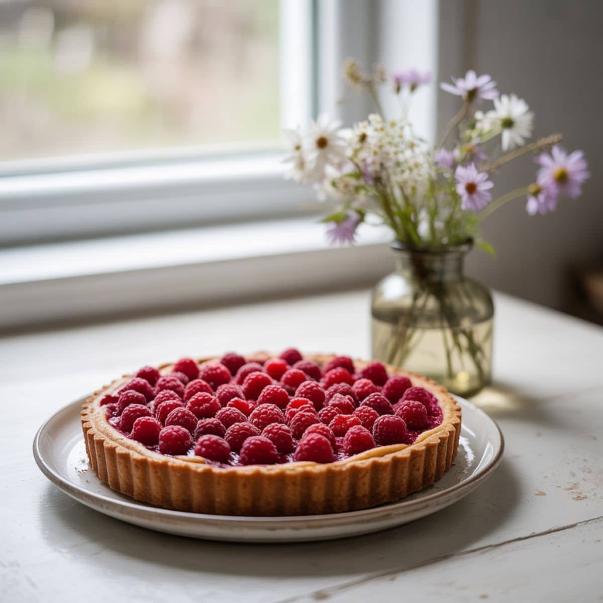 Homemade raspberry tart recipe with golden crust and fresh berries on white plate	