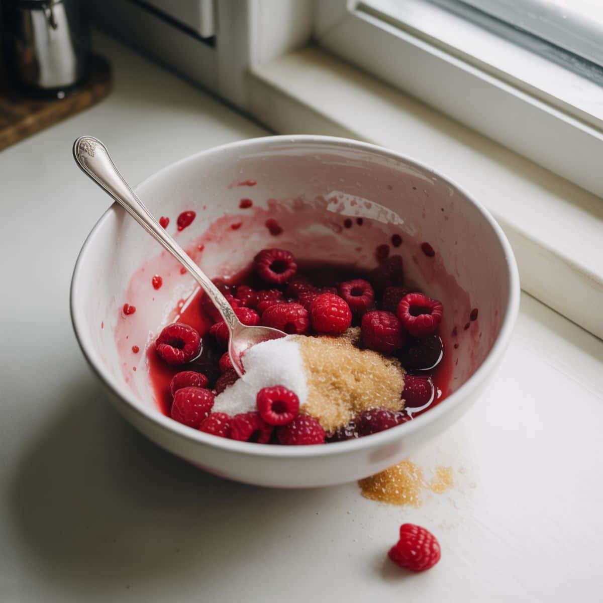 Fresh raspberries tossed in sugar, lemon juice, and cornstarch in a bowl	