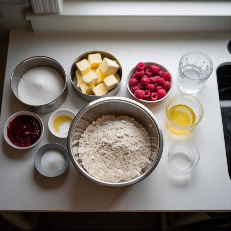 All ingredients for raspberry tart recipe arranged on a white kitchen counter	