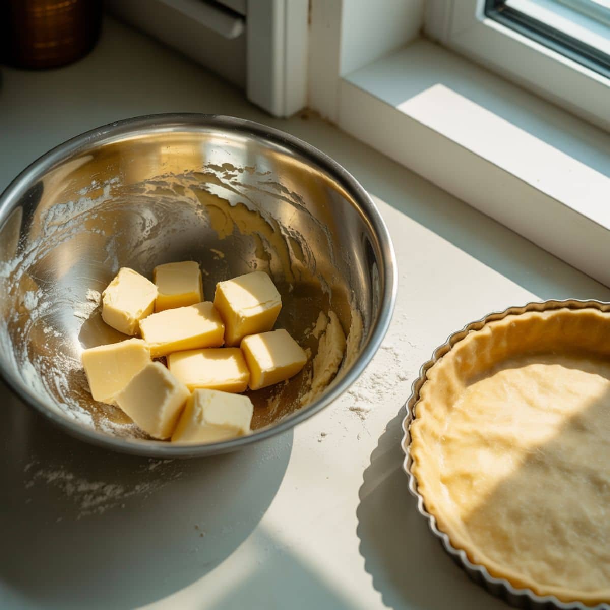 Shortcrust pastry being mixed and blind baked in a tart pan	