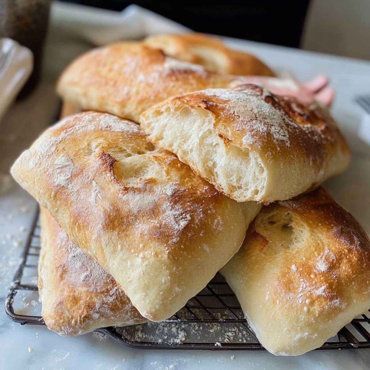 Hand-scored rustic ciabatta loaves on a cooling rack