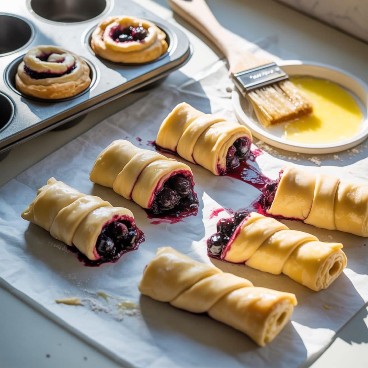 Twisted strips of blueberry-filled puff pastry being rolled and placed into a muffin tin	