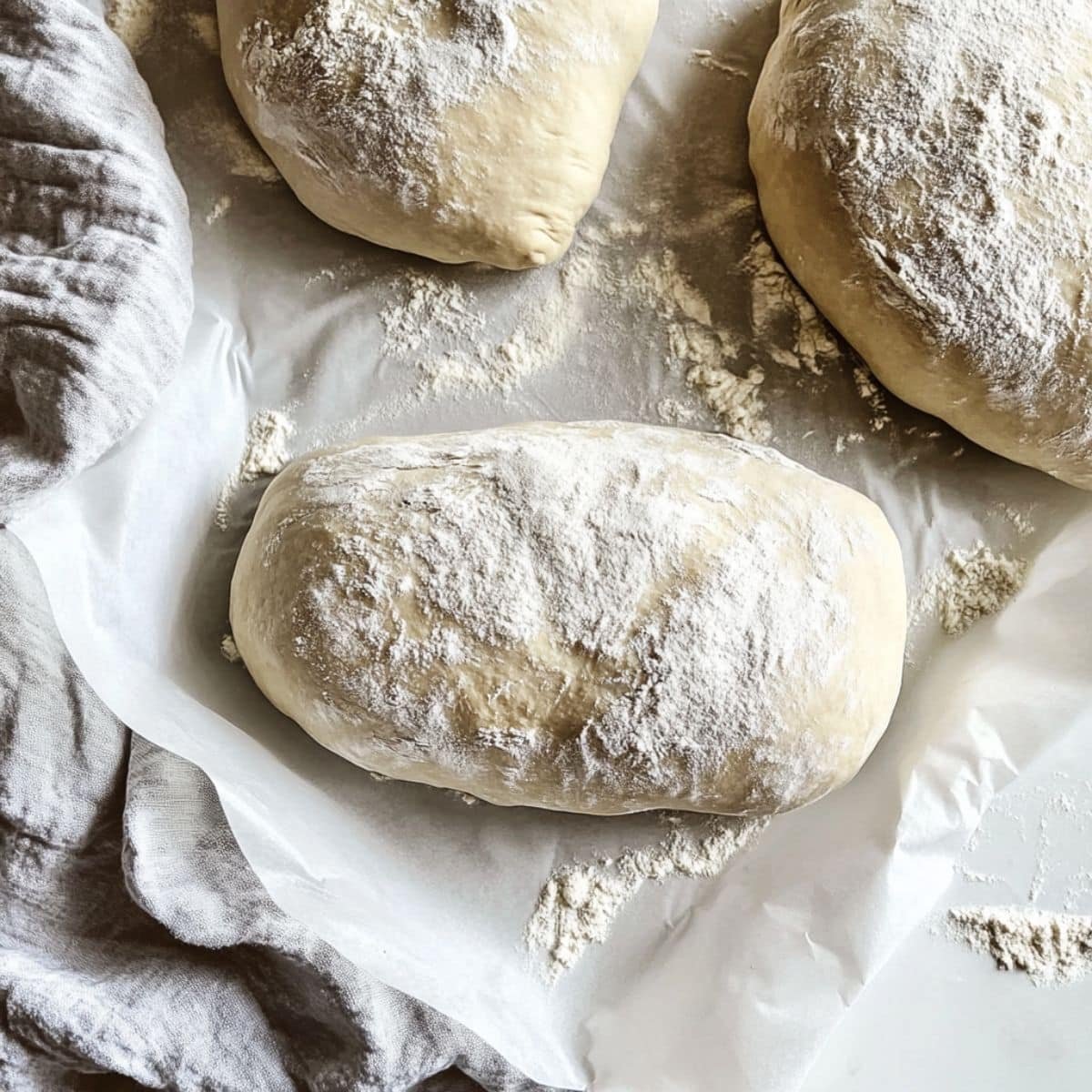 Shaped ciabatta loaves resting on floured parchment	