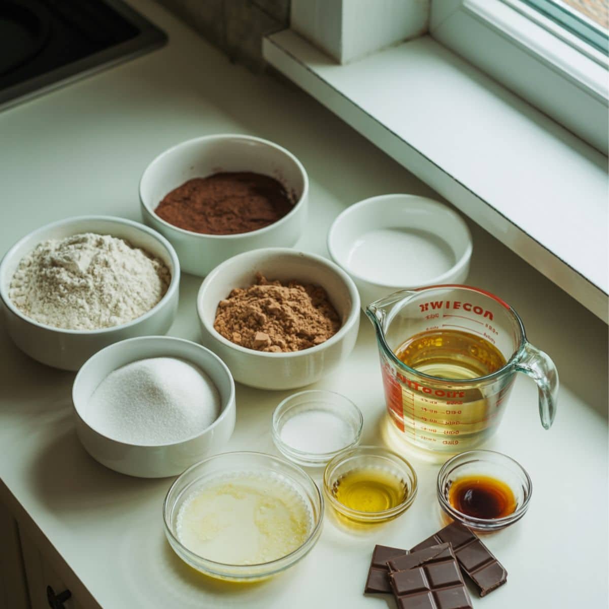 Measured ingredients for a single layer chocolate cake displayed on a white counter	