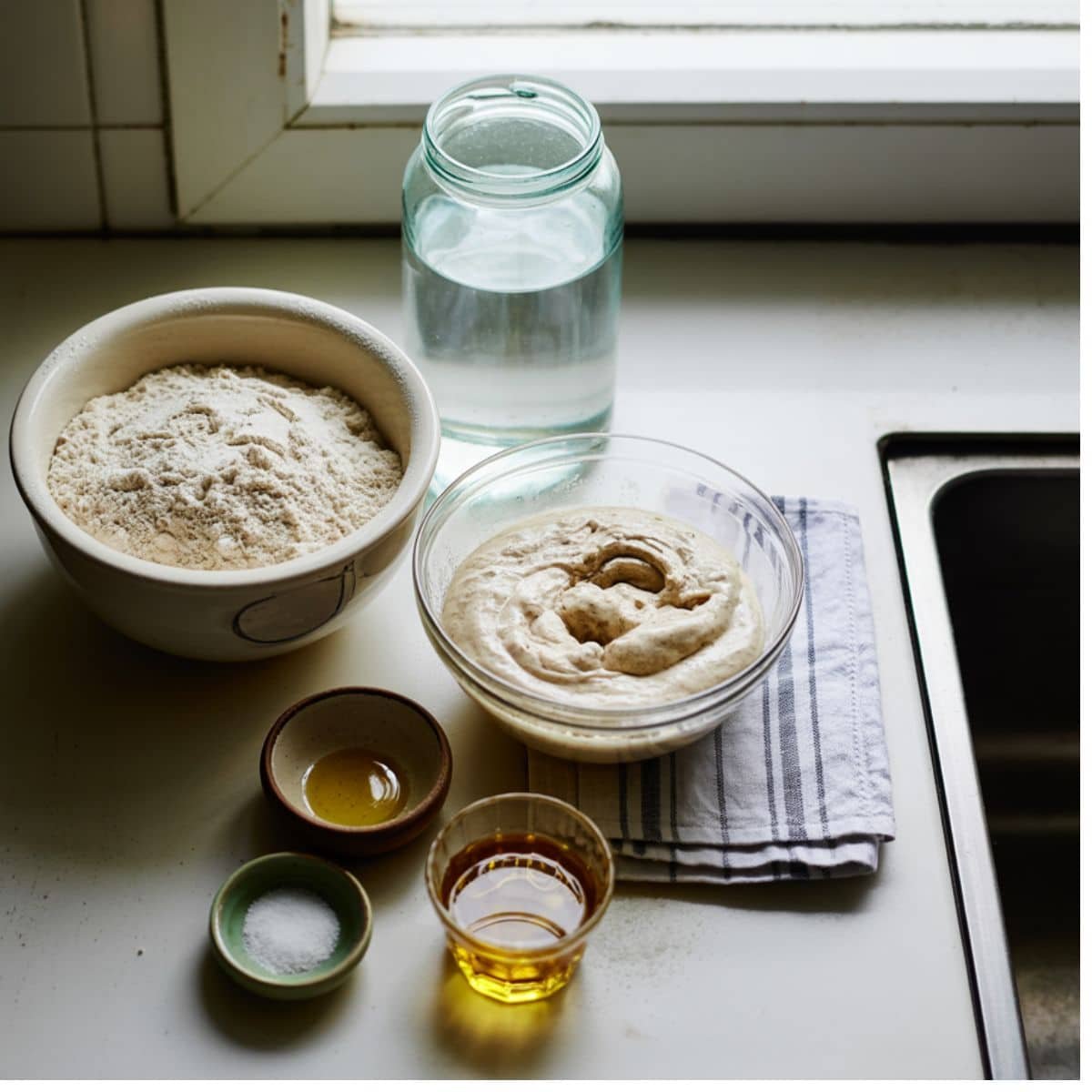 All ingredients for sourdough ciabatta bread measured and ready on a white kitchen counter	