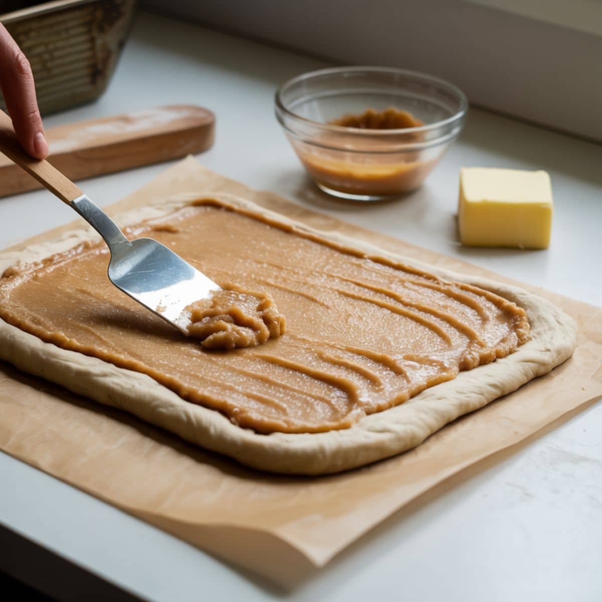Rolled-out dough with cinnamon filling spread, ready to roll.	
