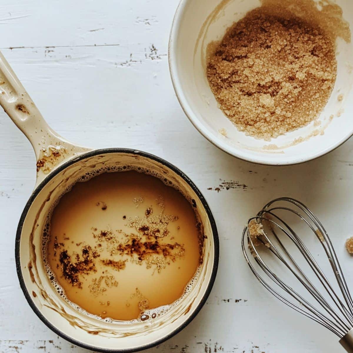 Browned butter cooling next to bowl with sugar and whisk	