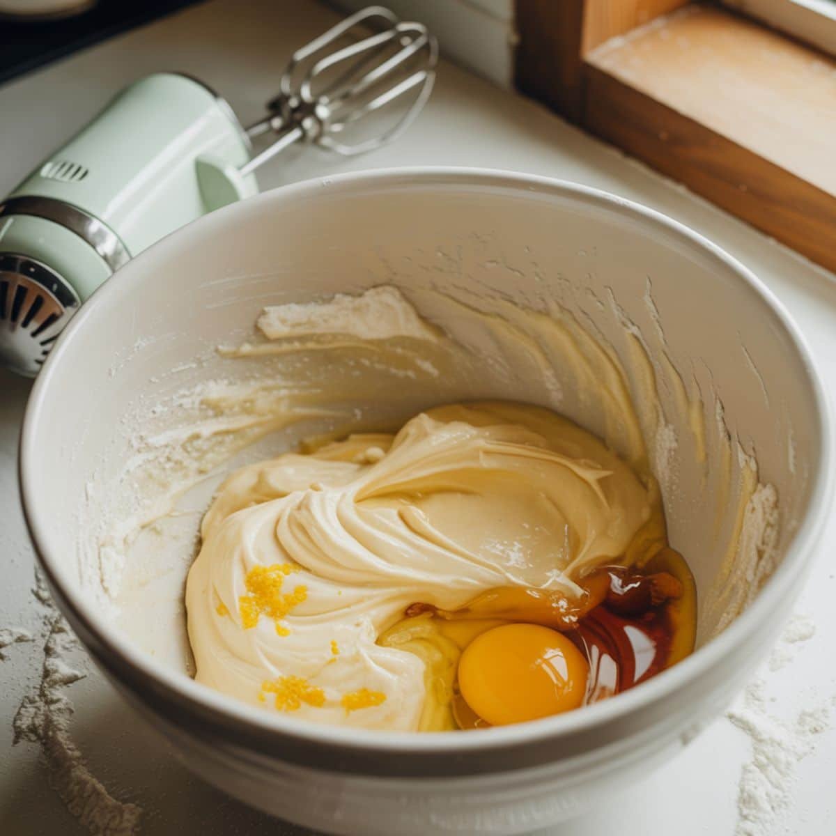 Creamed butter with lemon zest and sugar in a white mixing bowl	