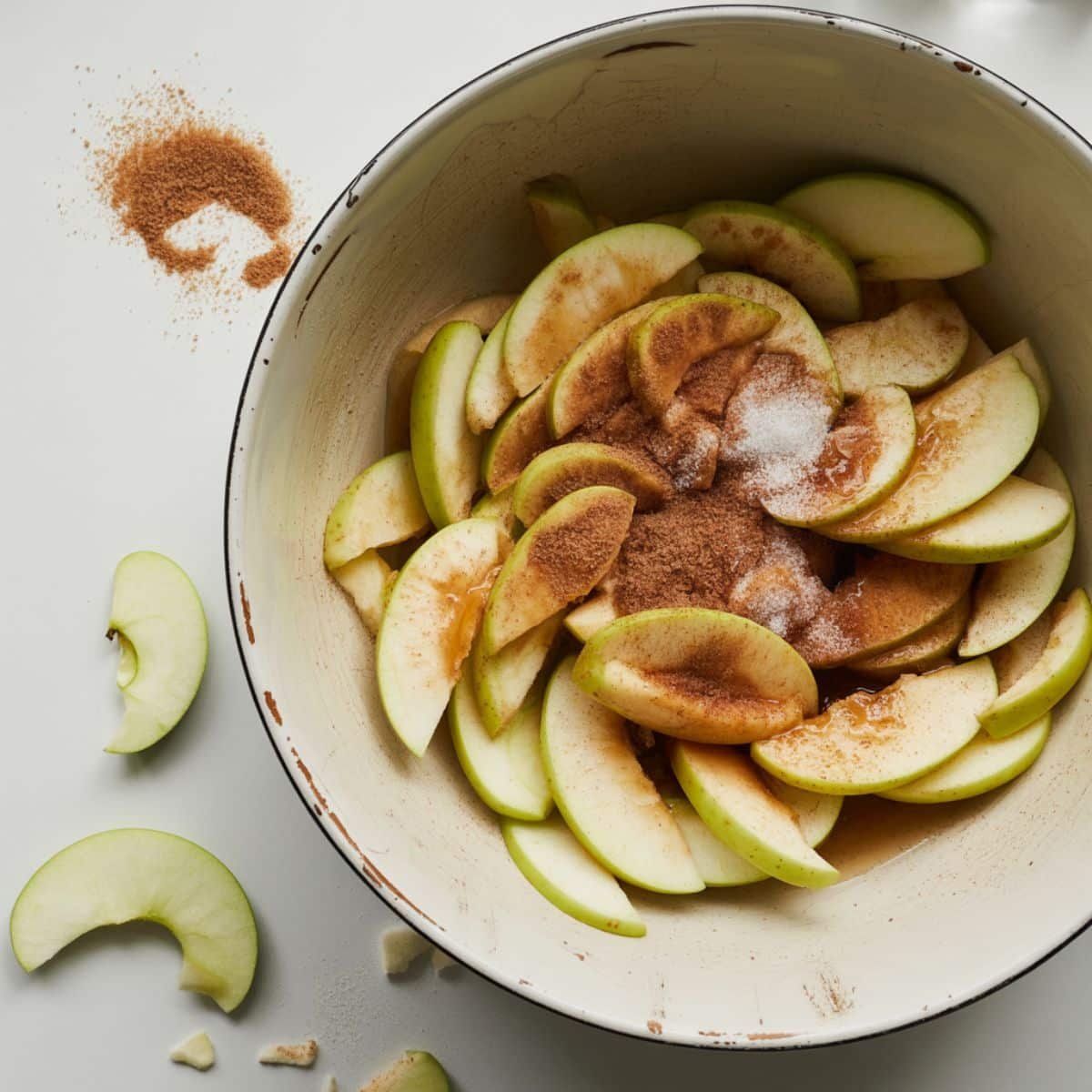 Thinly sliced apples tossed with cinnamon sugar in a white bowl, ingredients nearby	