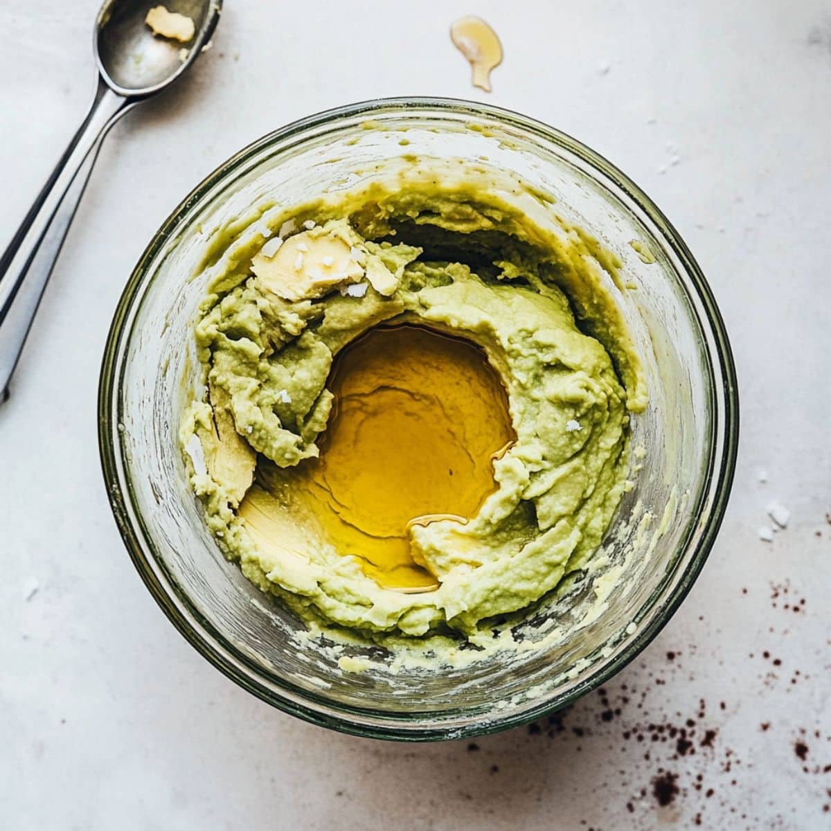 Mashed avocado and wet ingredients in a bowl before mixing	