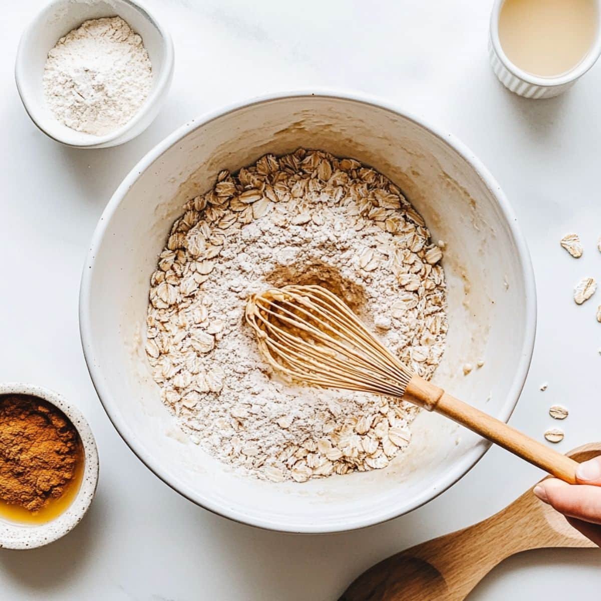 Mixing dry and wet ingredients for apple cinnamon oatmeal muffins in separate bowls	