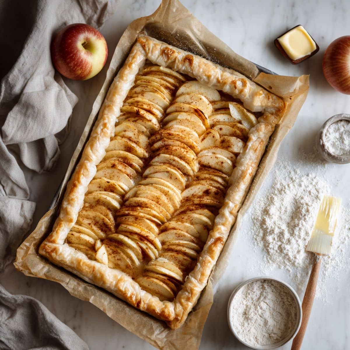 Apple slices arranged in rows inside puff pastry sheet, brushed edges	