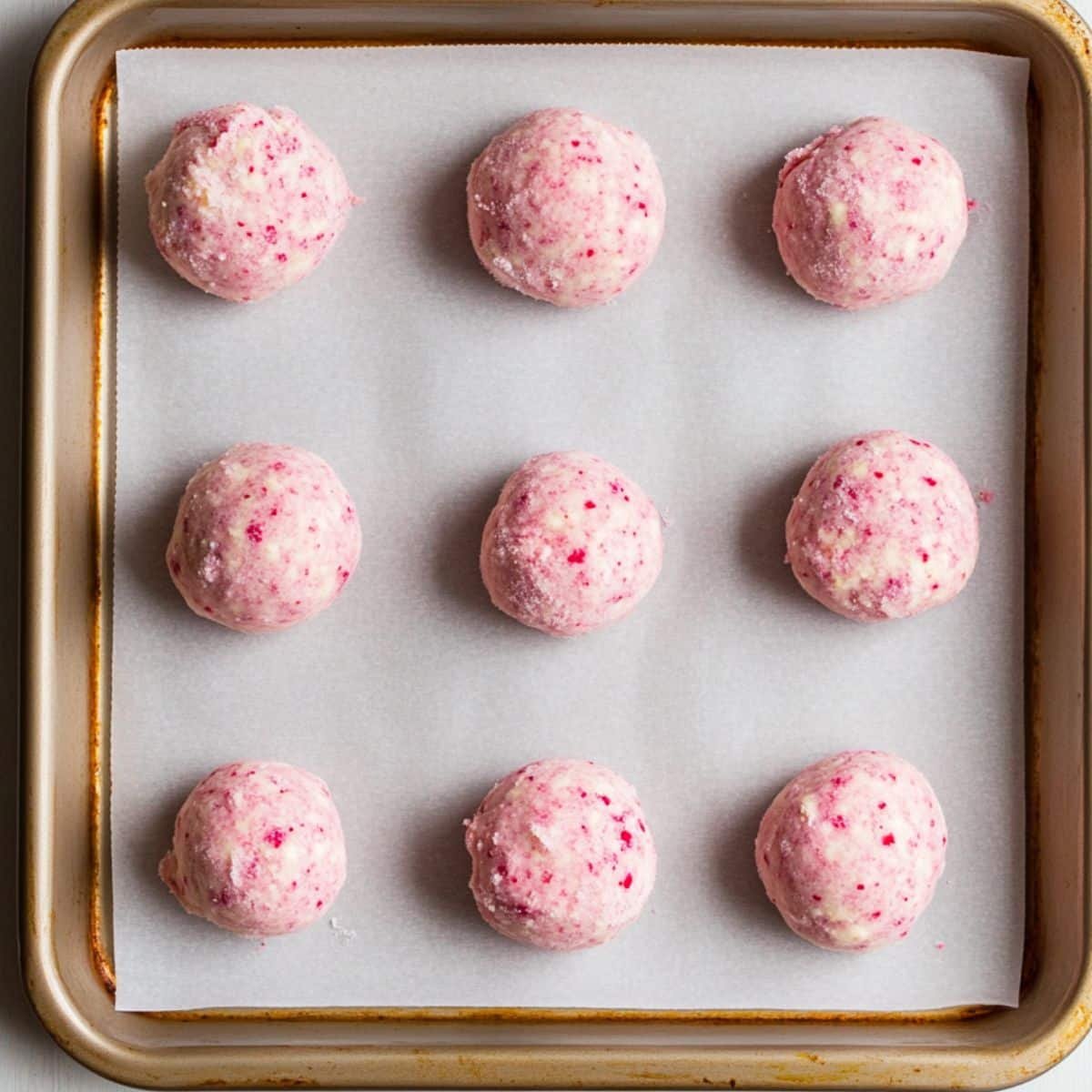 Unbaked pink strawberry cookie dough scooped onto baking tray	