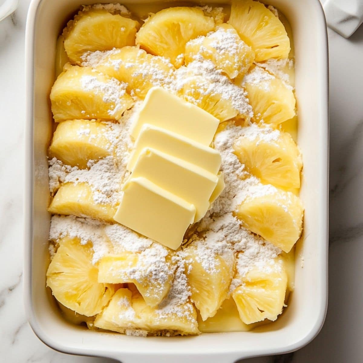 Dry cake mix and butter pats layered over pineapple in dish on white counter