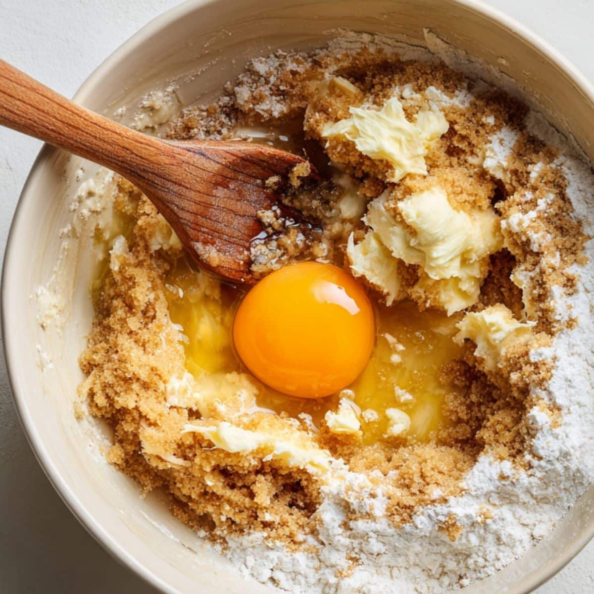 Mixing bowl with butter, sugar, egg and vanilla being combined for cookie dough	