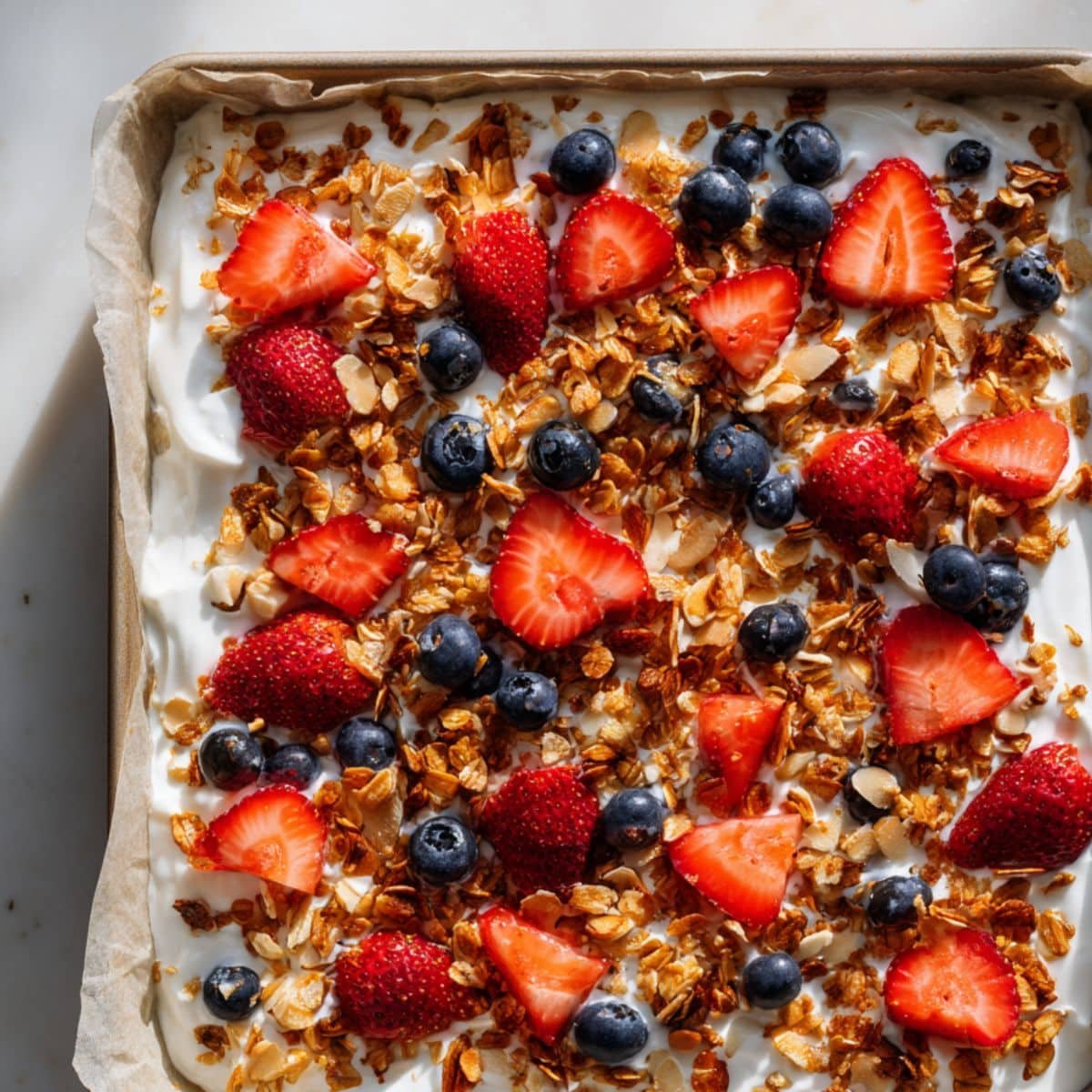 Spreading yogurt and adding berries and toppings to the dish	