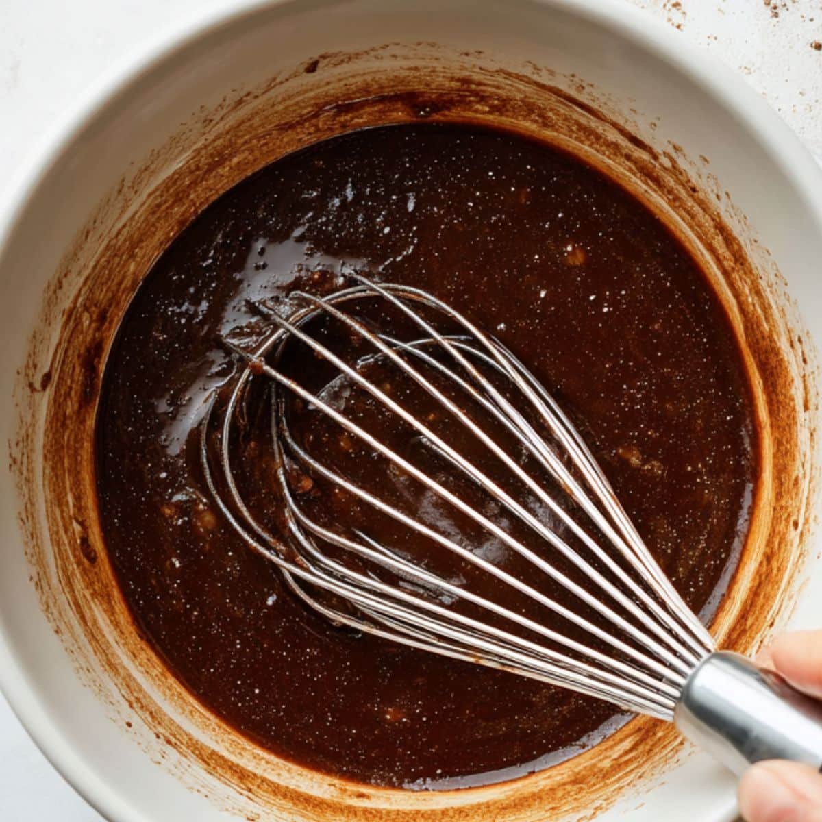 Combining wet ingredients in a mixing bowl for vegan brownie batter	