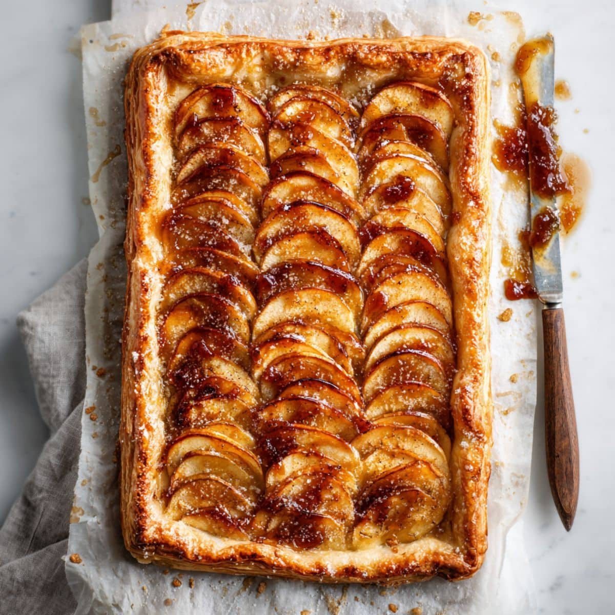 Baked apple tart with golden puff pastry and glazed apple slices still neatly arranged	