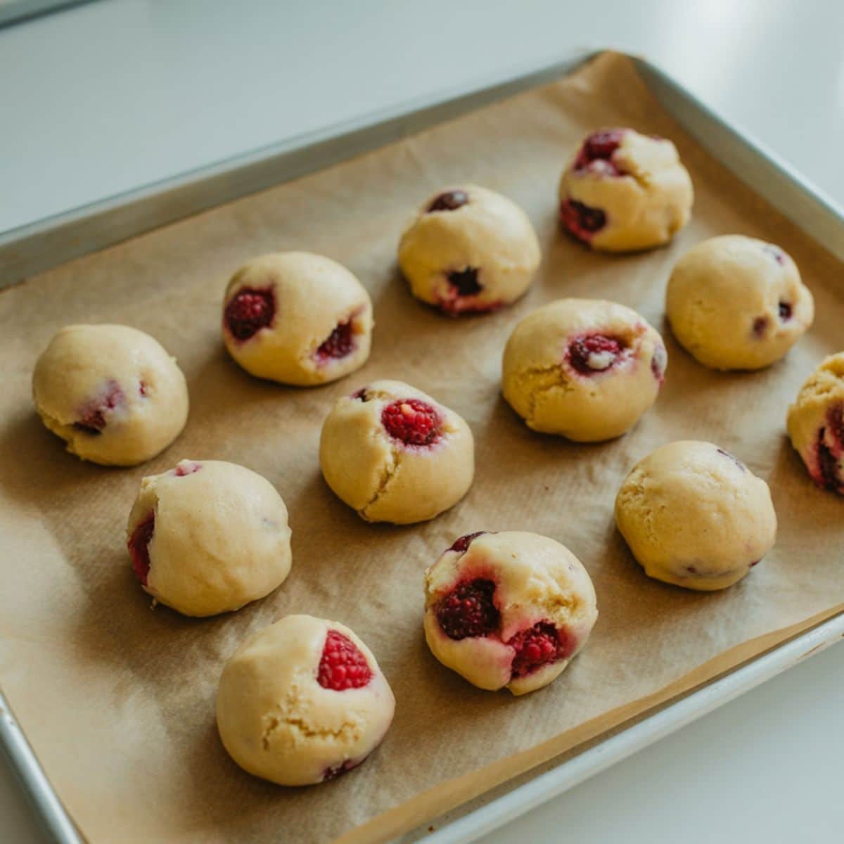 Scooped lemon raspberry cookie dough on parchment-lined baking sheet	