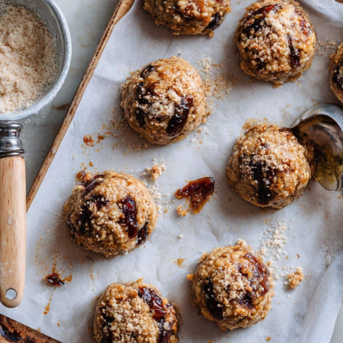 Unbaked date-filled cookie rounds on a parchment-lined sheet	