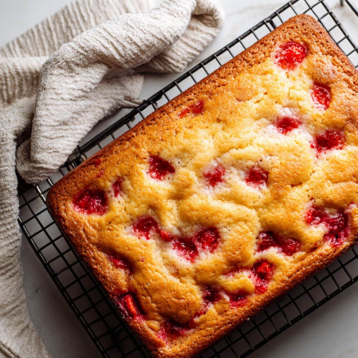 Golden-brown dump cake cooling on a rack, strawberry filling bubbling through cracks.	