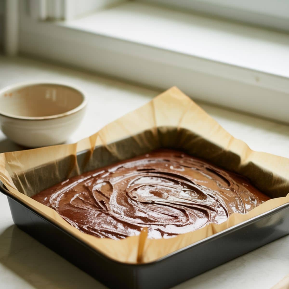 Brownie batter spread in parchment-lined pan before baking	