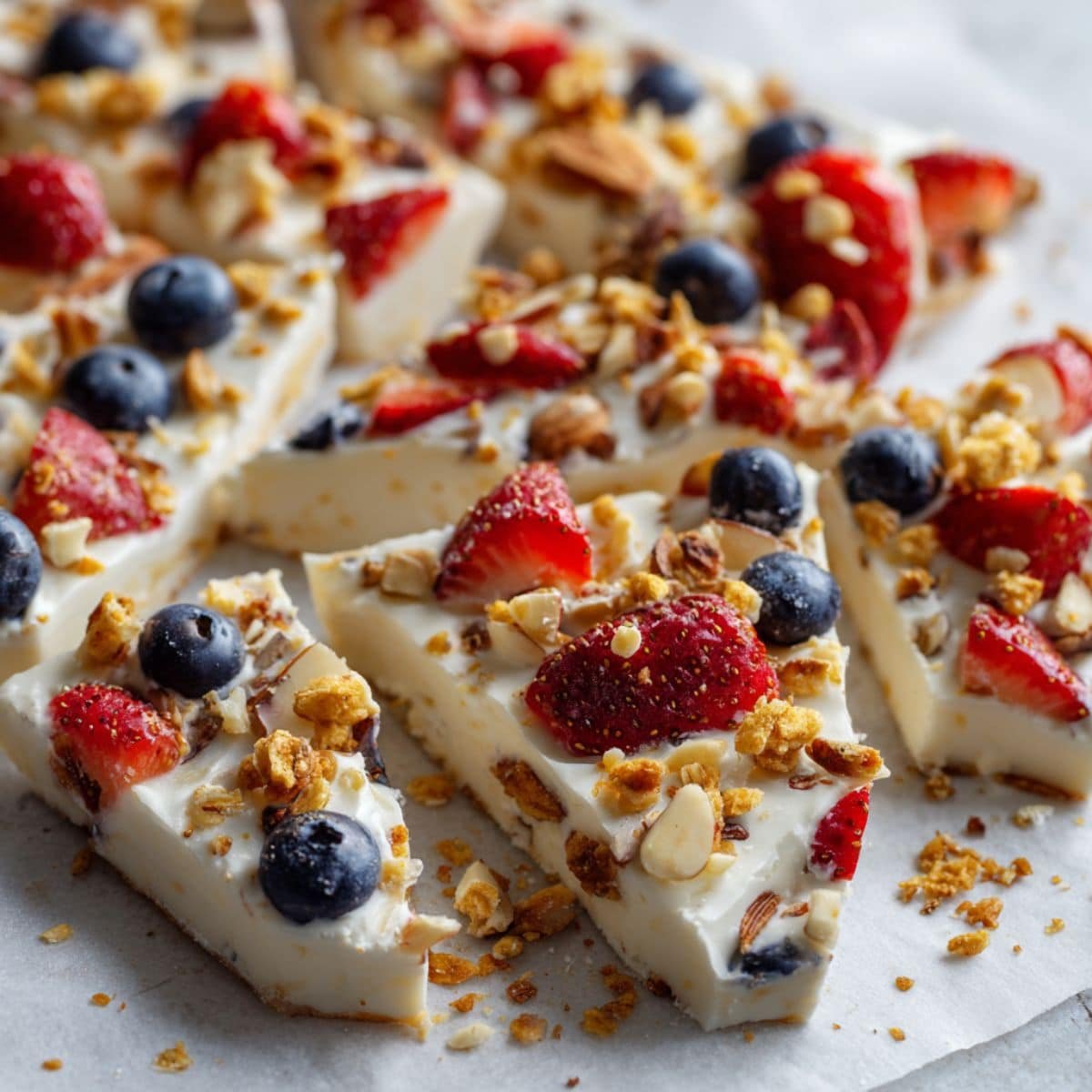 Frozen yogurt bark being sliced and served from parchment paper	