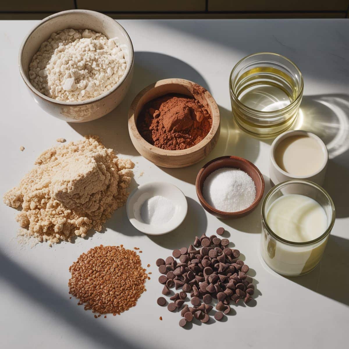 All ingredients for making vegan brownie mix laid out on a counter	