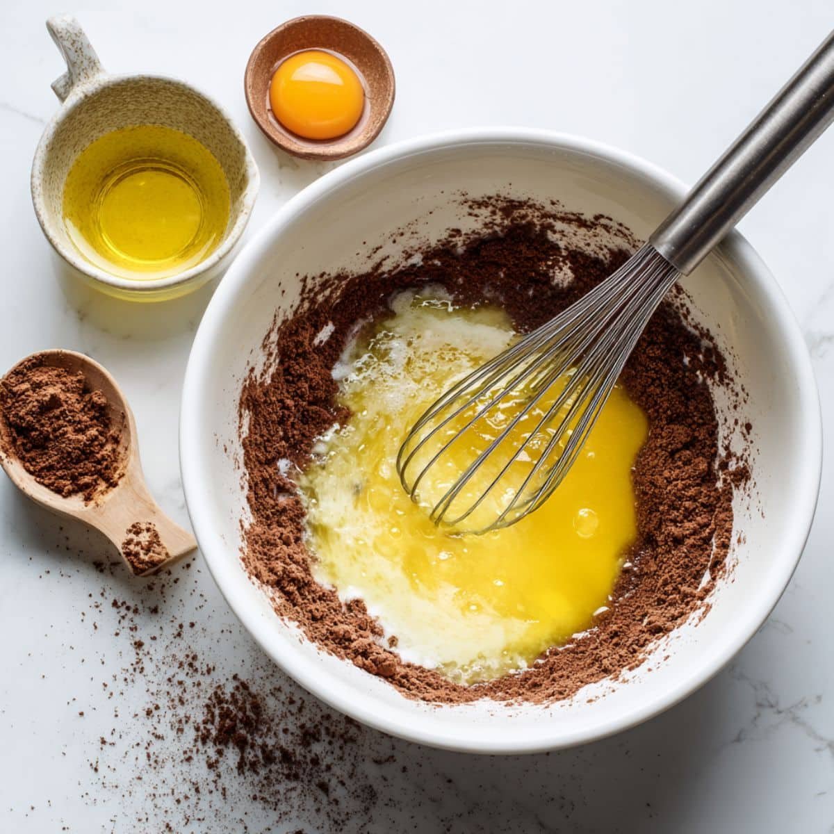 Pouring whisked eggs and coconut oil into dry brownie mix	