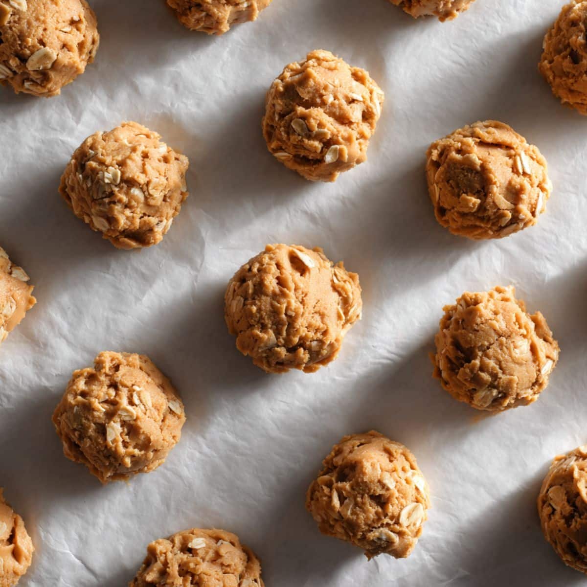 Scooping oat-filled cookie dough onto parchment for no bake peanut butter oatmeal cookies	