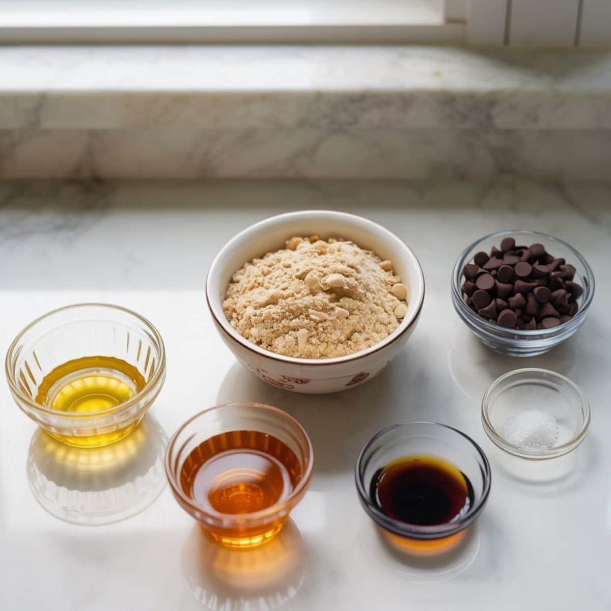 All ingredients for almond flour cookie dough laid out on a white kitchen counter