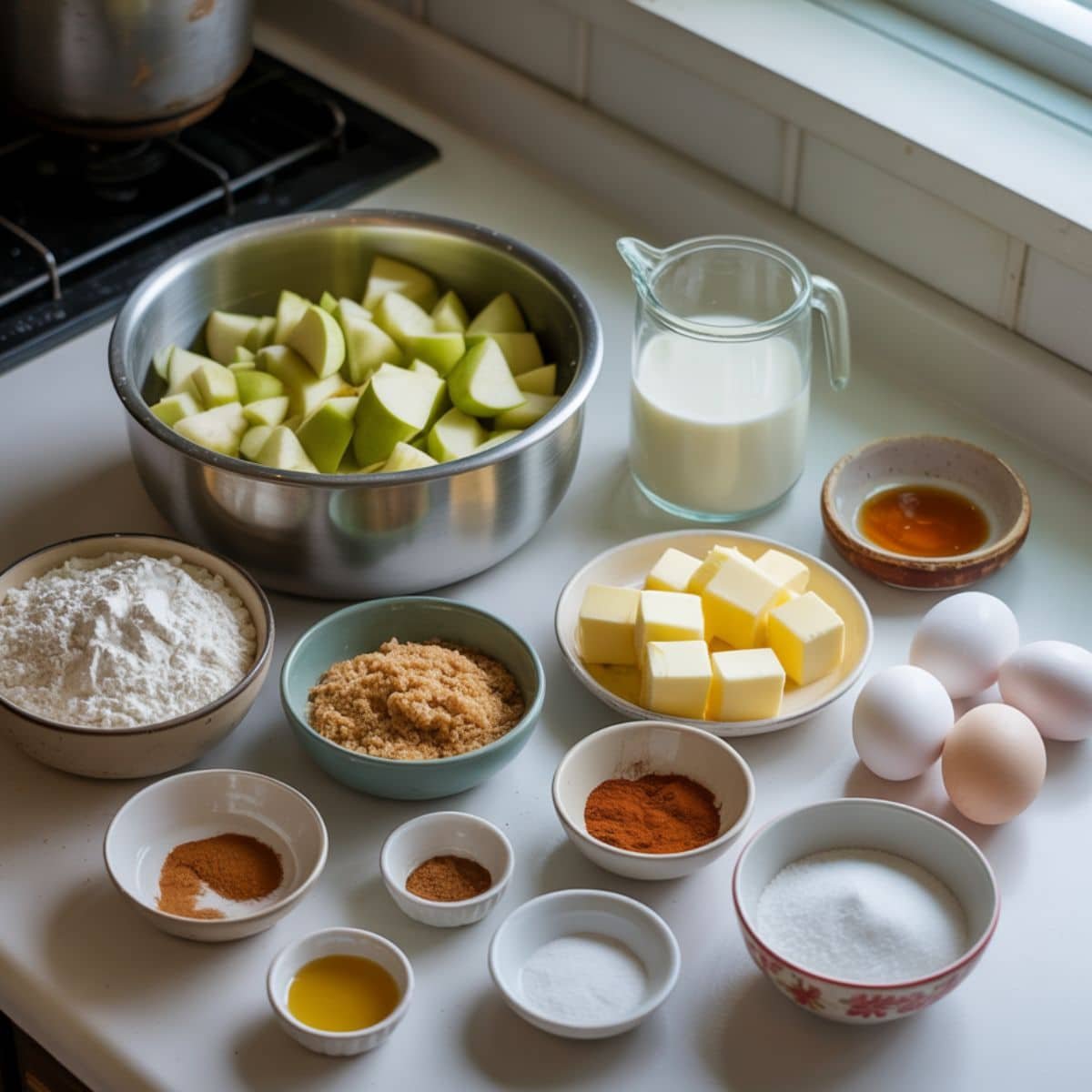 Ingredients for apple pie bread arranged on a white kitchen counter	