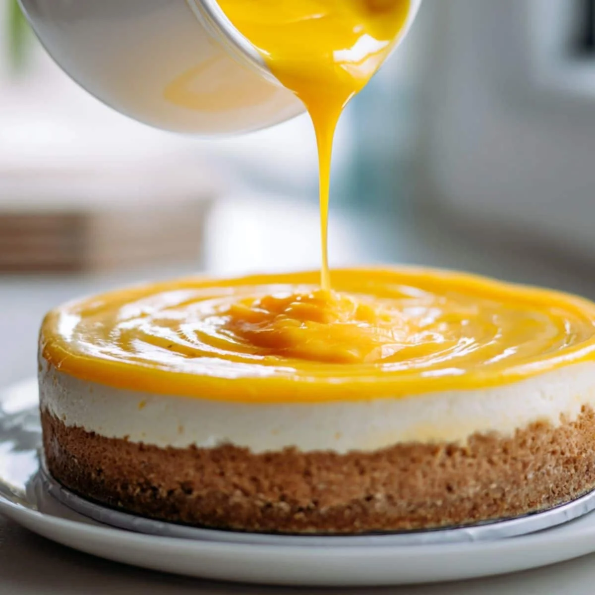 Pouring mango filling into cheesecake crust with spatula beside	