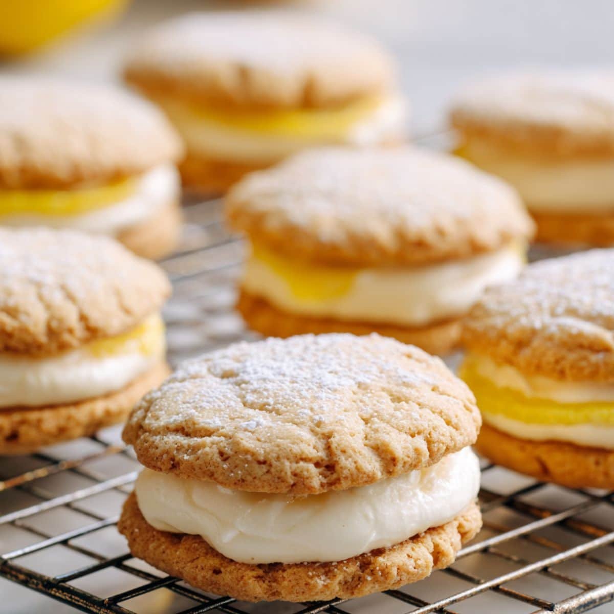 Assembling lemon sandwich cookies with creamy filling	