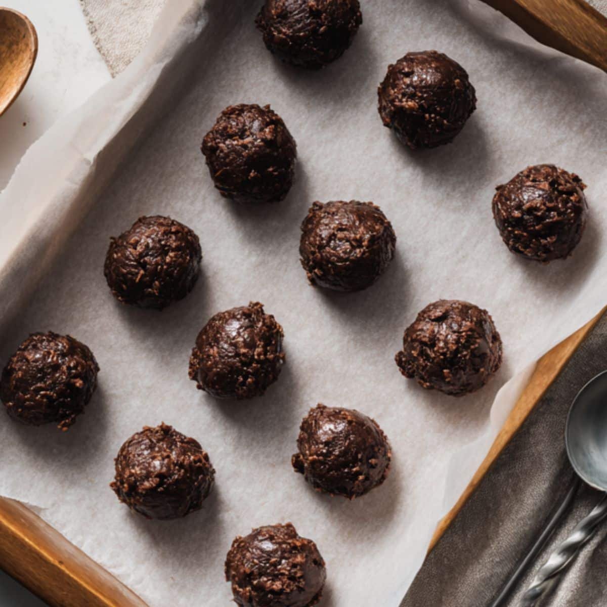 Raw chocolate cookie dough balls spaced on a parchment-lined baking sheet	