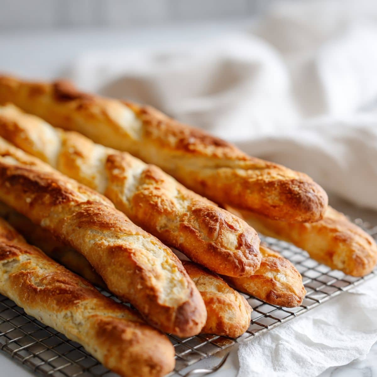 Freshly baked sourdough breadsticks cooling on a wire rack	