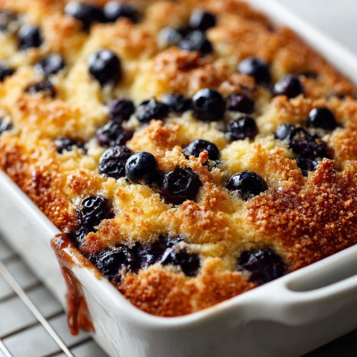 Freshly baked blueberry sour cream coffee cake cooling in pan	