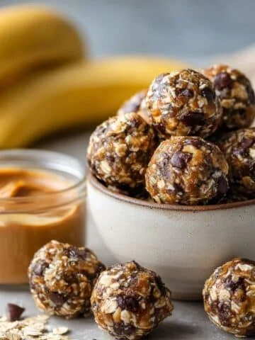 Homemade banana energy bites on a white counter