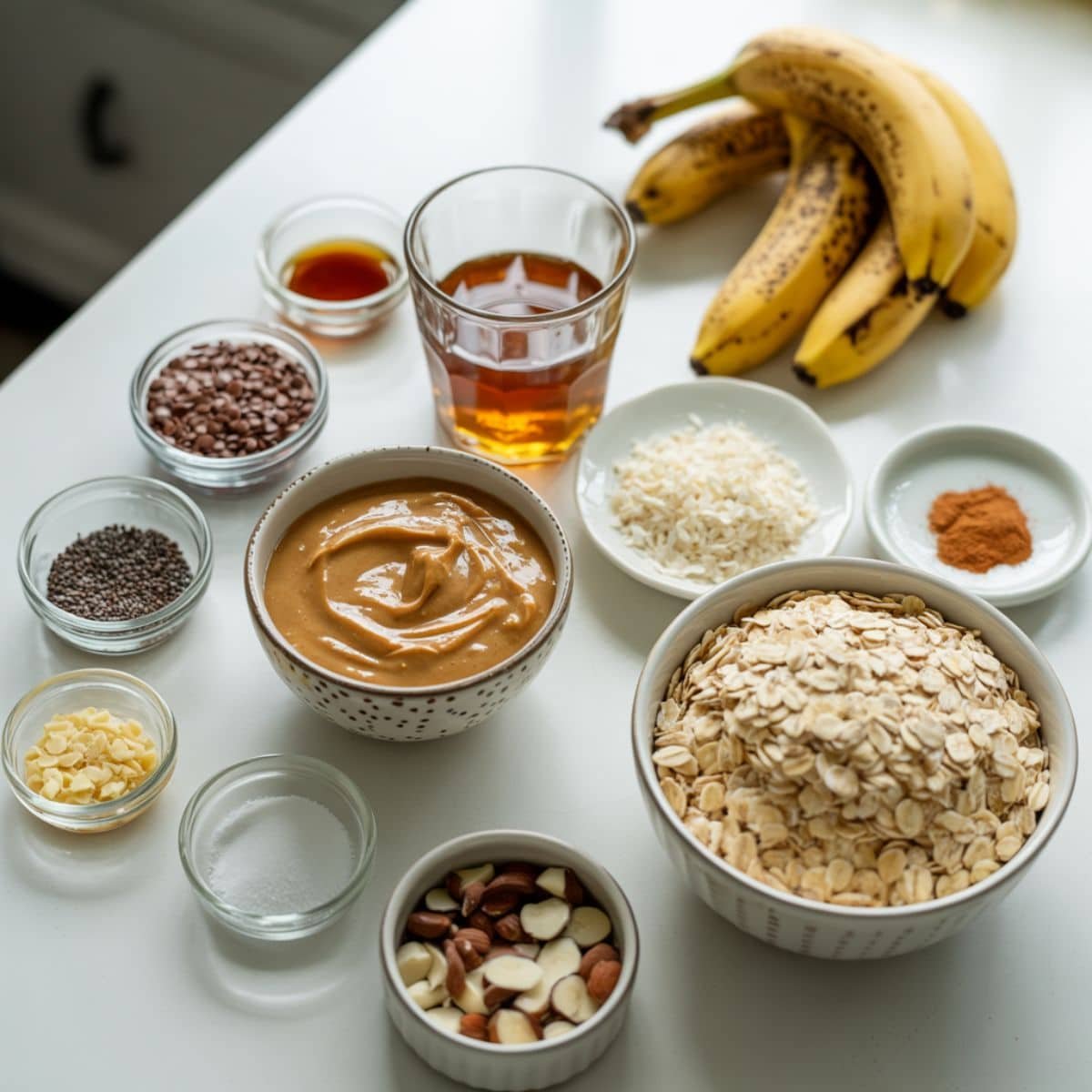 All ingredients laid out for banana energy bites	