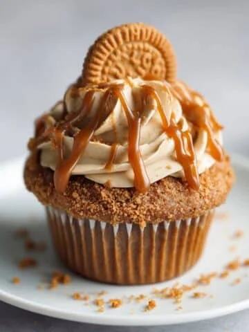 Moist Biscoff cupcake topped with buttercream and a Lotus cookie