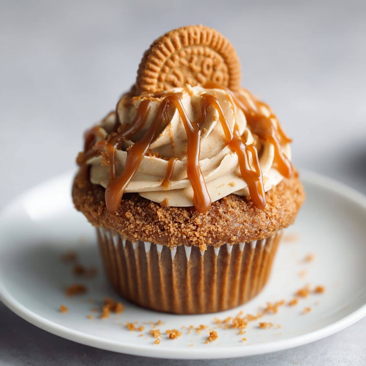 Moist Biscoff cupcake topped with buttercream and a Lotus cookie	