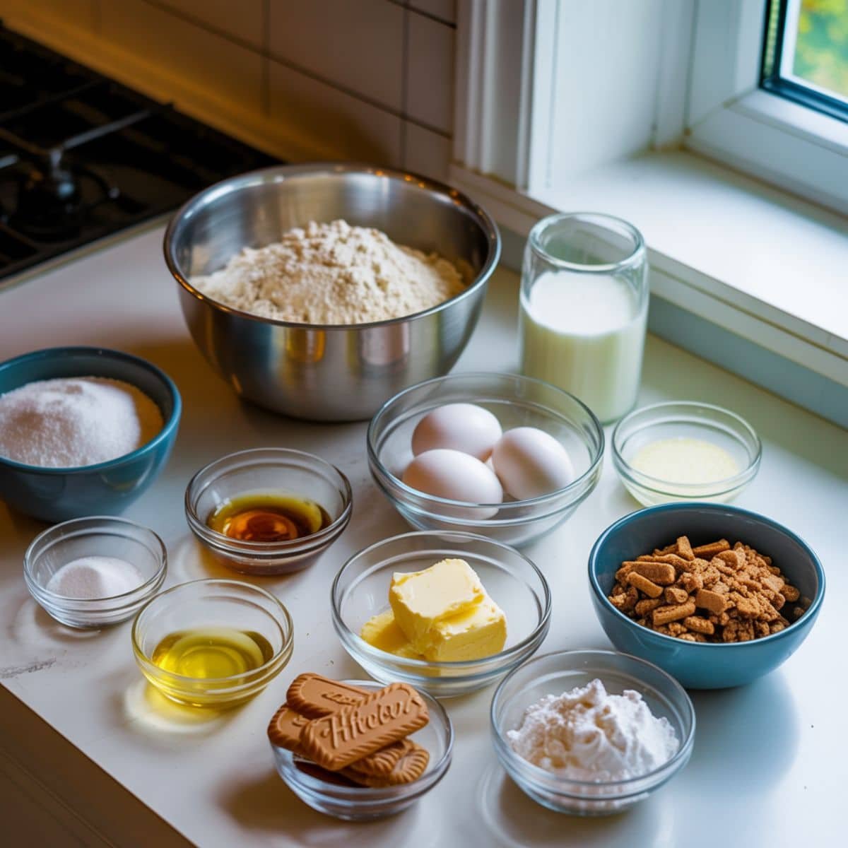 All ingredients laid out for Biscoff cupcake recipe on a counter	