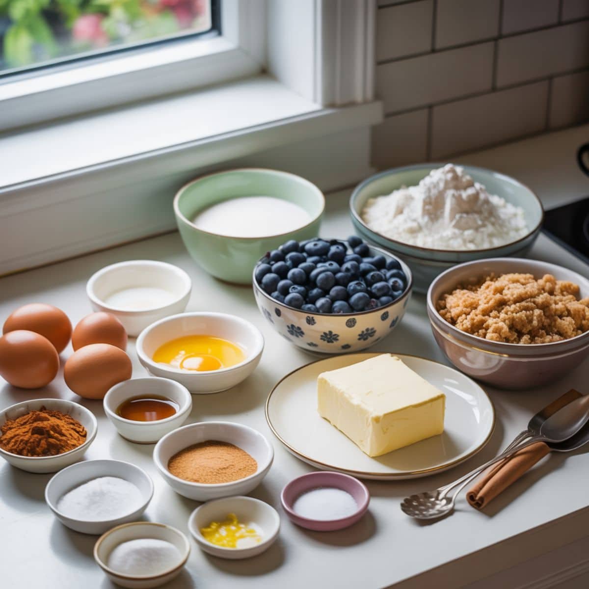 Ingredients laid out for blueberry sour cream coffee cake on a kitchen counter	