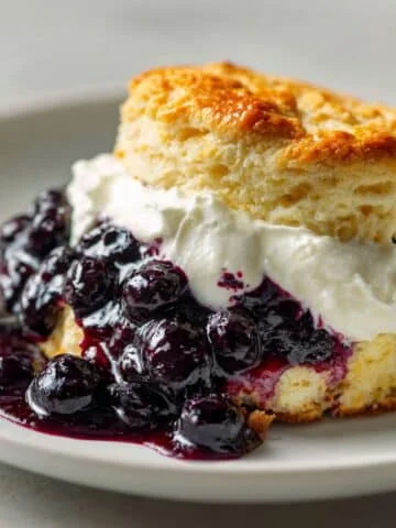 Homemade blueberry shortcake recipe with whipped cream on plate