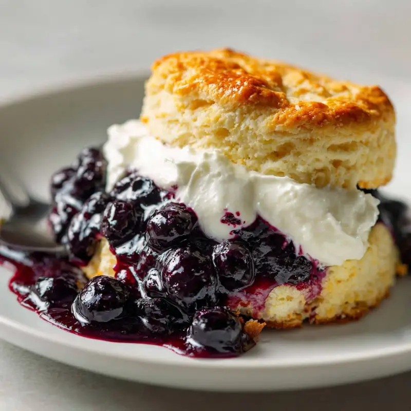 Homemade blueberry shortcake with whipped cream on plate	