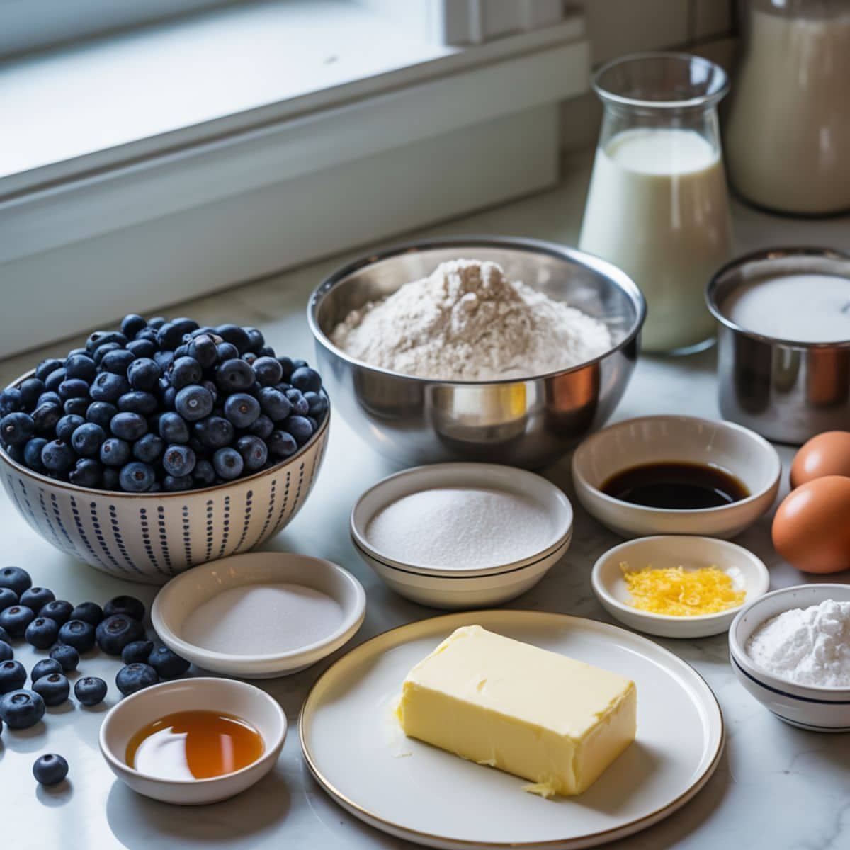 All blueberry shortcake ingredients laid out on a white kitchen counter