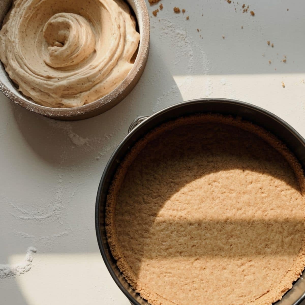 Crust pressed into a springform pan with cinnamon swirl paste in a bowl beside it	