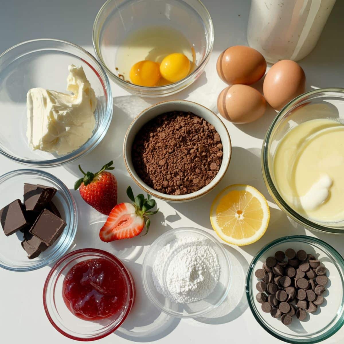 All ingredients laid out on a white kitchen counter including cream cheese, chocolate, strawberries, graham crumbs, and eggs	