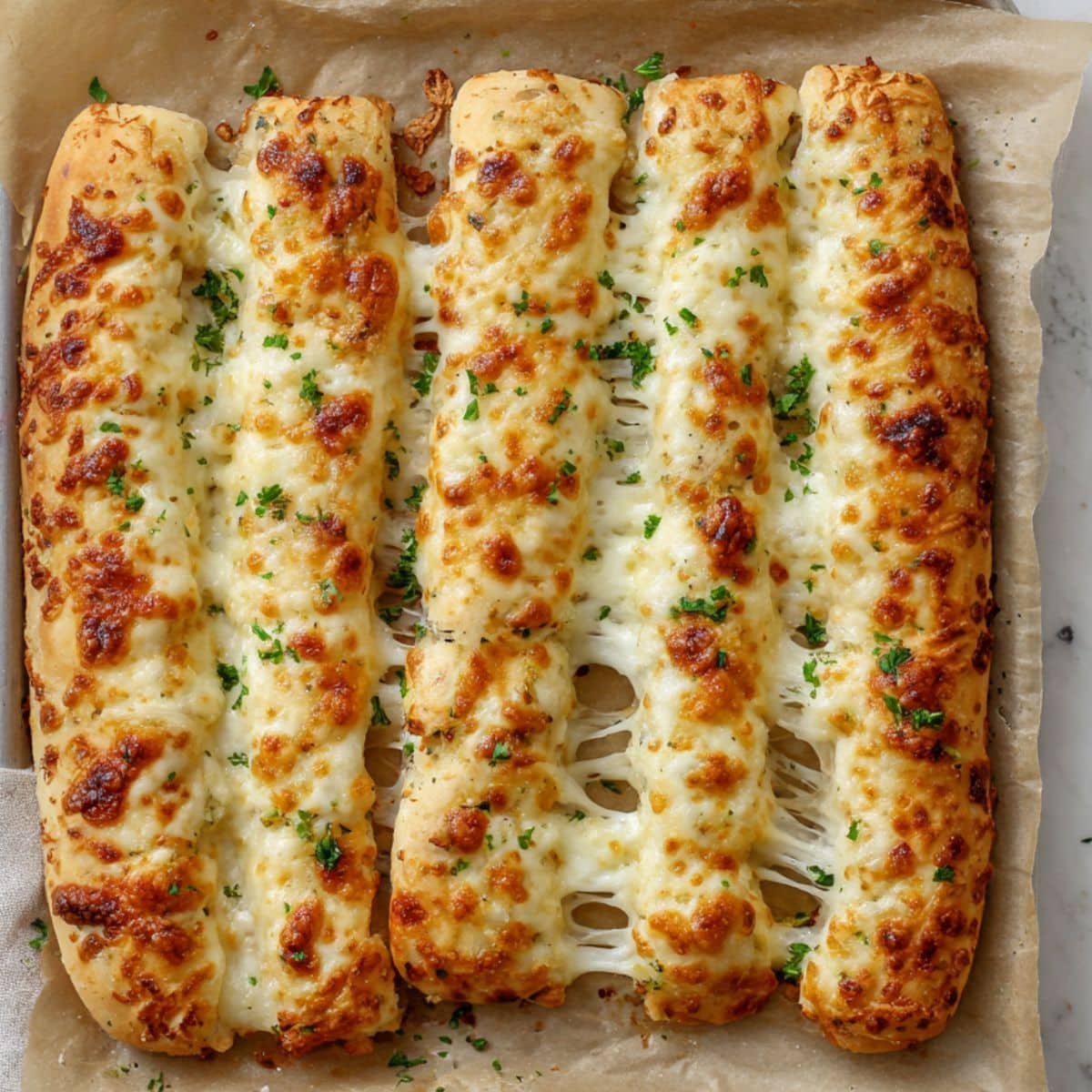 Gooey homemade Cheesy Breadsticks Recipe on tray	
